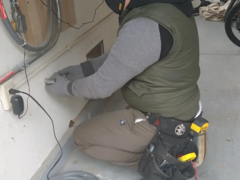 Electrician performing outlet wiring in a Upper Frederick garage